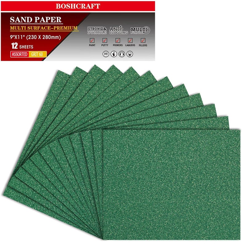 BOSHCRAFT 60 Grit Aluminum Oxide Sandpaper, 9x11 Inch Sheets, 12 Pack, Compatible with Sanding Block, for Wood, Metal, Fiberglass - Image 1